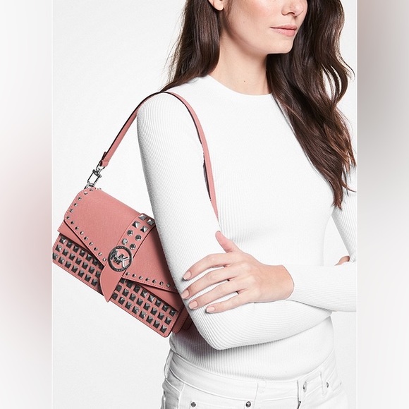 Greenwich Medium Studded Saffiano Leather Shoulder Bag in Rose - Picture 3 of 6